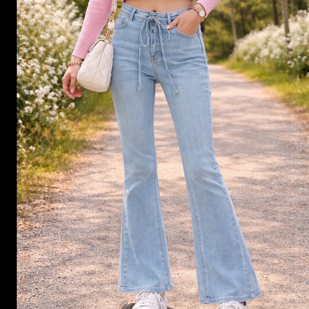 SHEIN Light Wash Lace Up Flare Jeans High Waisted Ruched‎ Blue Denim Size 25